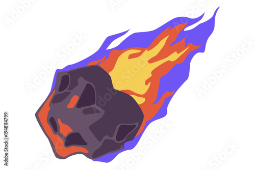 Vivid cartoon depiction of a blazing meteor hurtling through space, glowing with intense orange and yellow flames, illustrating a powerful celestial body in motion