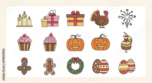 Holiday icons festive symbols and decorations