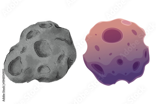 Illustrations of two unique space asteroids a textured grey rock and a colorful stylized celestial body, perfect for astronomy, sci-fi projects, or cosmic game design
