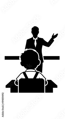 Silhouette of a teacher or presenter standing behind a desk, addressing a student or audience member in a classroom setting.