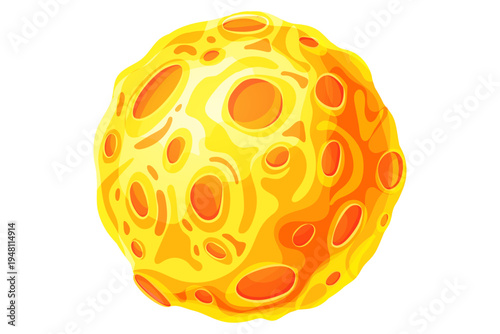 Abstract textured yellow and orange spherical illustration, featuring a cratered surface reminiscent of a vibrant, stylized celestial body or a detailed rocky asteroid