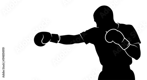 Silhouette of a boxer throwing a punch with boxing gloves against a white background, depicting a dynamic sports action.