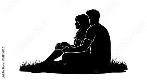 Black and white silhouette of a loving couple sitting together on grass.