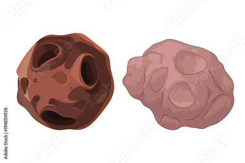 Vector illustration of two distinct cosmic rocks, resembling asteroids or meteorites, with rough, cratered surfaces in earthy tones for science education rock space stone asteroid comet meteor