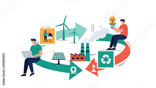 Sustainable energy and green circular economy concept with people working on laptops surrounded by wind turbines and solar panels.