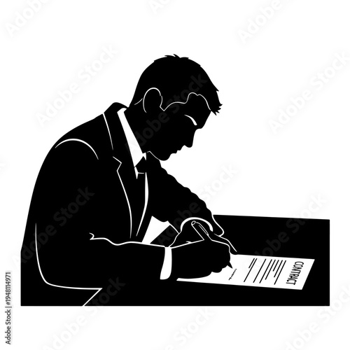A man in a suit signing a contract document, representing a business agreement.