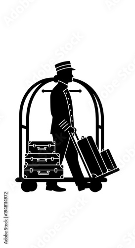 A black silhouette of a bellhop pushing a luggage cart with stacked suitcases.