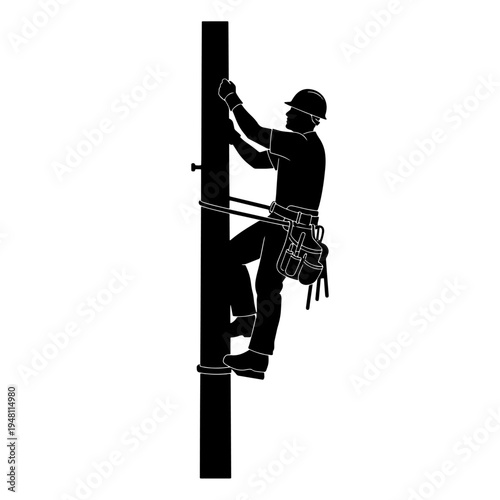 Silhouette of a utility worker climbing a power pole with safety gear.