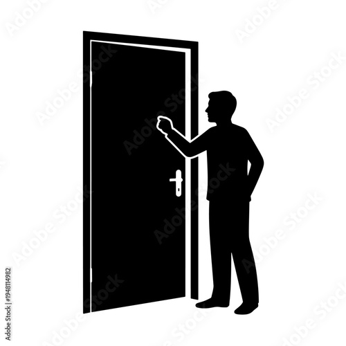A black silhouette of a man knocking on a closed door, symbolizing arrival or seeking entry.