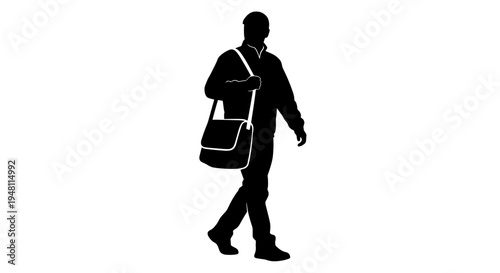 Black silhouette of a person walking with a messenger bag and headphones around their neck on a white background.