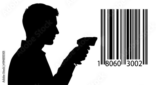 A silhouette of a person scanning a large barcode with a handheld scanner, representing retail or inventory management.