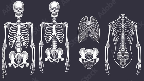 Anatomy illustration of the human skeleton, displaying various views and parts on a dark background