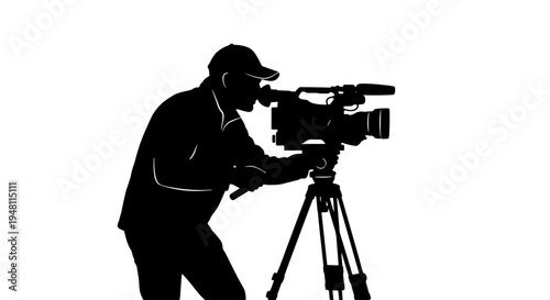 Silhouette of a cameraman filming with a professional video camera on a tripod against a white background, capturing a scene.