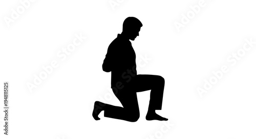 A black silhouette of a man kneeling with his hands tied behind his back on a white background, depicting captivity or submission.