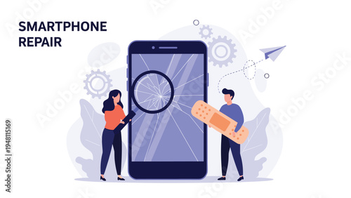 Professional smartphone repair service illustration showing technicians fixing a cracked mobile screen with magnifying glass and bandage.