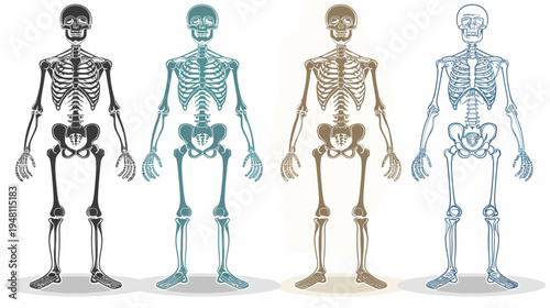 Four human skeletal figures in different colors, positioned frontally with a white background