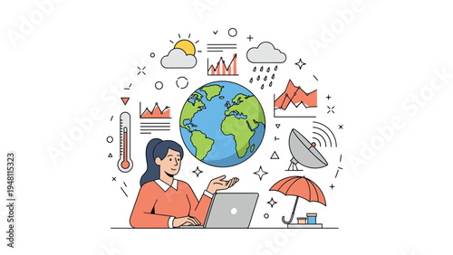 Meteorology and global weather forecast concept with a woman using a laptop under various atmospheric data and climate monitoring icons.