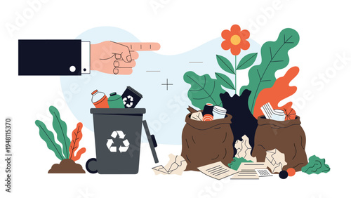 Environmental waste management and pollution control concept showing a hand pointing at trash bins and bags filled with various garbage.