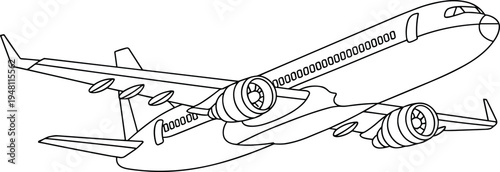 Commercial airplane flying in clear blue sky with engines and wings detailed vector illustration flat design