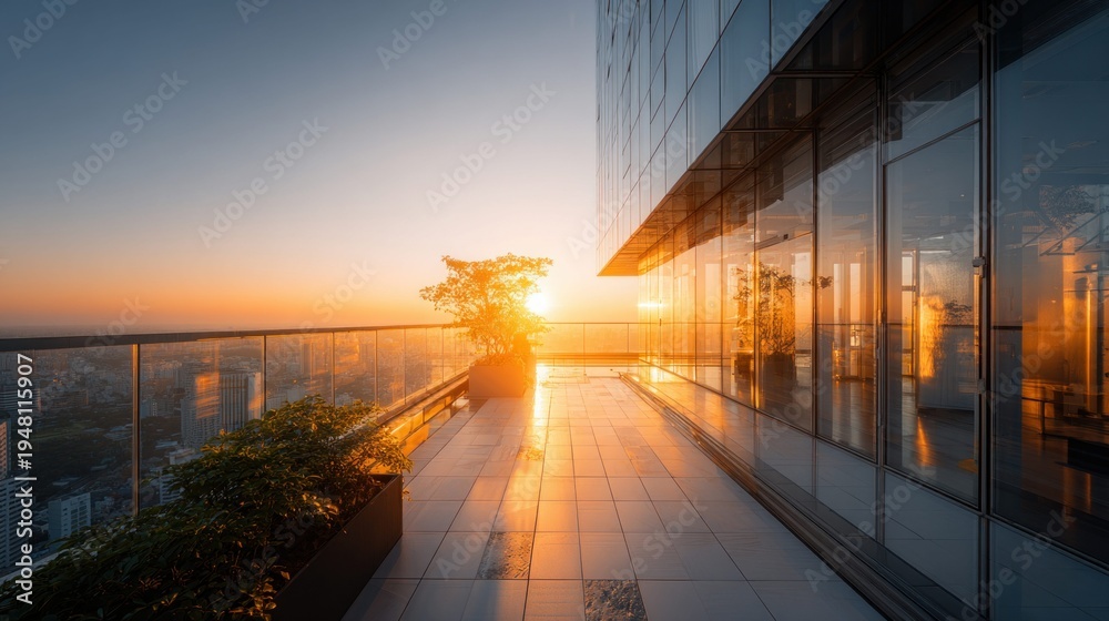 Fototapeta premium Modern skyscraper balcony at sunset with city view and golden light reflecting on glass facade