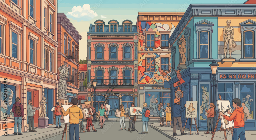 Obraz premium Street Art Festival: Artists Painting Buildings in Colorful Cityscape