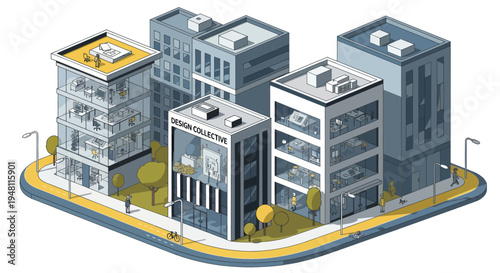Modern Isometric City Block with Diverse Buildings and Greenery