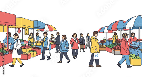 Busy Outdoor Market Scene with Shoppers and Stalls