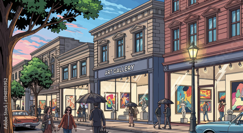 Art gallery street scene with people and classical architecture