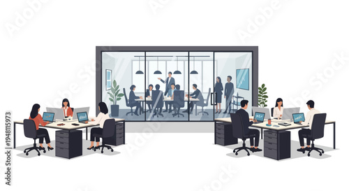 Modern Office Collaboration: Diverse Team in Open Plan & Meeting Room