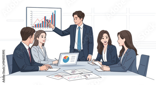 Business Meeting: Team Analyzing Growth Chart with Presentation
