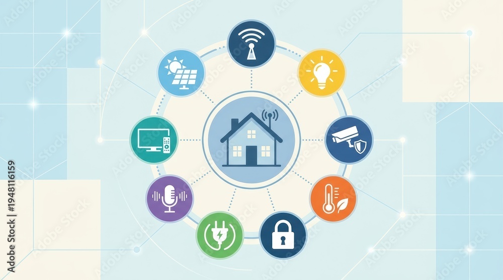 Naklejka premium Minimalist flat illustration of smart home system, house icon surrounded by tech symbols. No text.