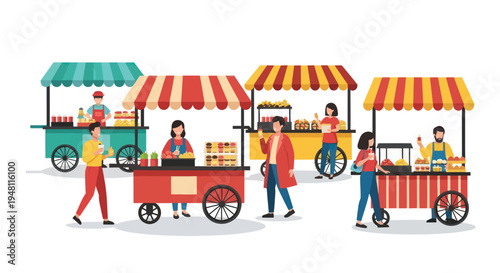 Street Food Market Scene with People and Colorful Food Carts