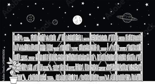 Black and white of a bookshelf with books under a starry night sky with moon and planets