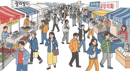 Busy Outdoor Market Scene with Diverse People Shopping and Strolling