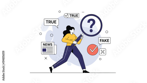 Fake news identification and media literacy concept with a woman using a large magnifying glass to verify if news is true or false.