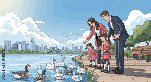 Family Feeding Ducks by Lakeside in City Park, Sunny Day