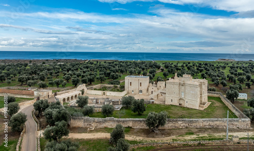 Aerial view of Masseria Pettolecchia with fortified tower premier example of the fortified farmhouses found in the Savelletri area of Fasano Puglia.