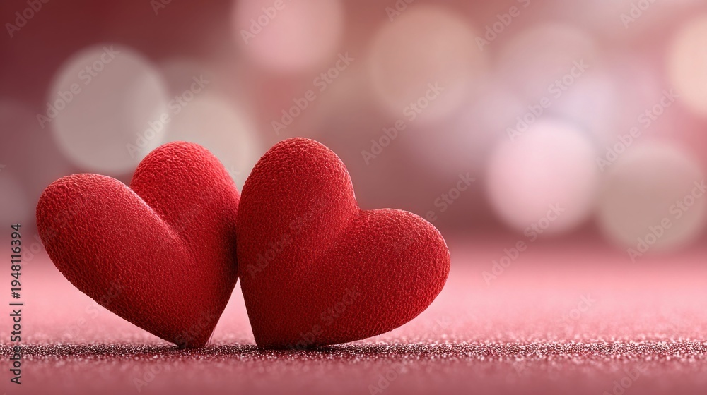 Fototapeta premium Two red velvet hearts close together on a sparkling pink surface with soft bokeh background