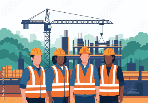 Diverse construction workers wearing hard hats and reflective vests standing together at active building site in modern flat solid color style