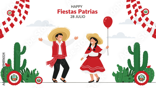 Peruvian boy and girl in traditional attire celebrate Fiestas Patrias by dancing together with festive decorations on July 28.