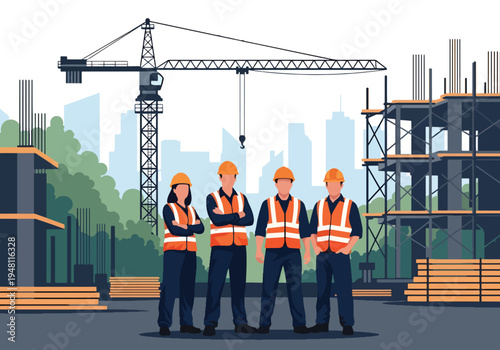 Diverse construction workers wearing hard hats and reflective vests standing together at active building site in modern flat solid color style