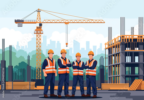 Diverse construction workers wearing hard hats and reflective vests standing together at active building site in modern flat solid color style