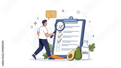 Healthy lifestyle enthusiast checks grocery list on clipboard with fresh avocado and milk bottle illustrations on a simple background.