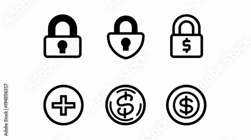 Collection of various simple icons, featuring locks, a plus sign, and currency symbols