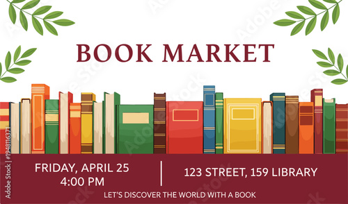 Book market advertisement with colorful books and green leaves on white background library event