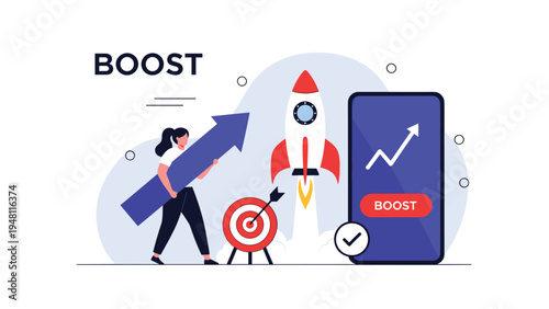 Business growth and boost strategy concept features a woman carrying a large arrow and a rocket launching into the bright blue sky.