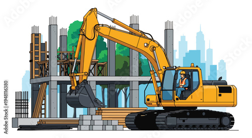 Construction worker operating excavator machine at busy building site with heavy equipment and urban development setting in flat solid color style