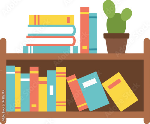 Brown bookshelf with colorful books and cactus plant