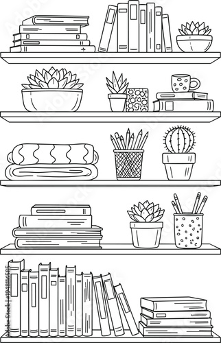 Books and plants on four shelves with pencils and coffee mug