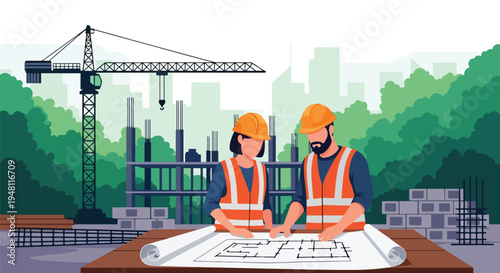 Architect and construction worker reviewing blueprint plans together at active building site with crane and structural framework in flat solid color style